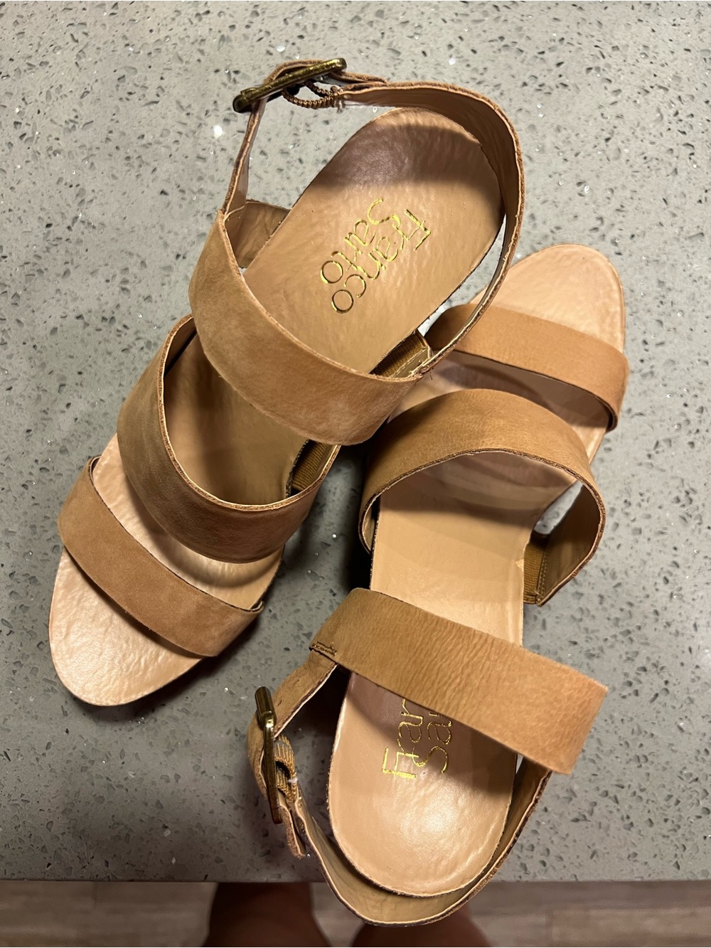Franco Sarto Chestnut Tan Triple-Strap Wedge Sandals 8.5 - Picture 2 of 6